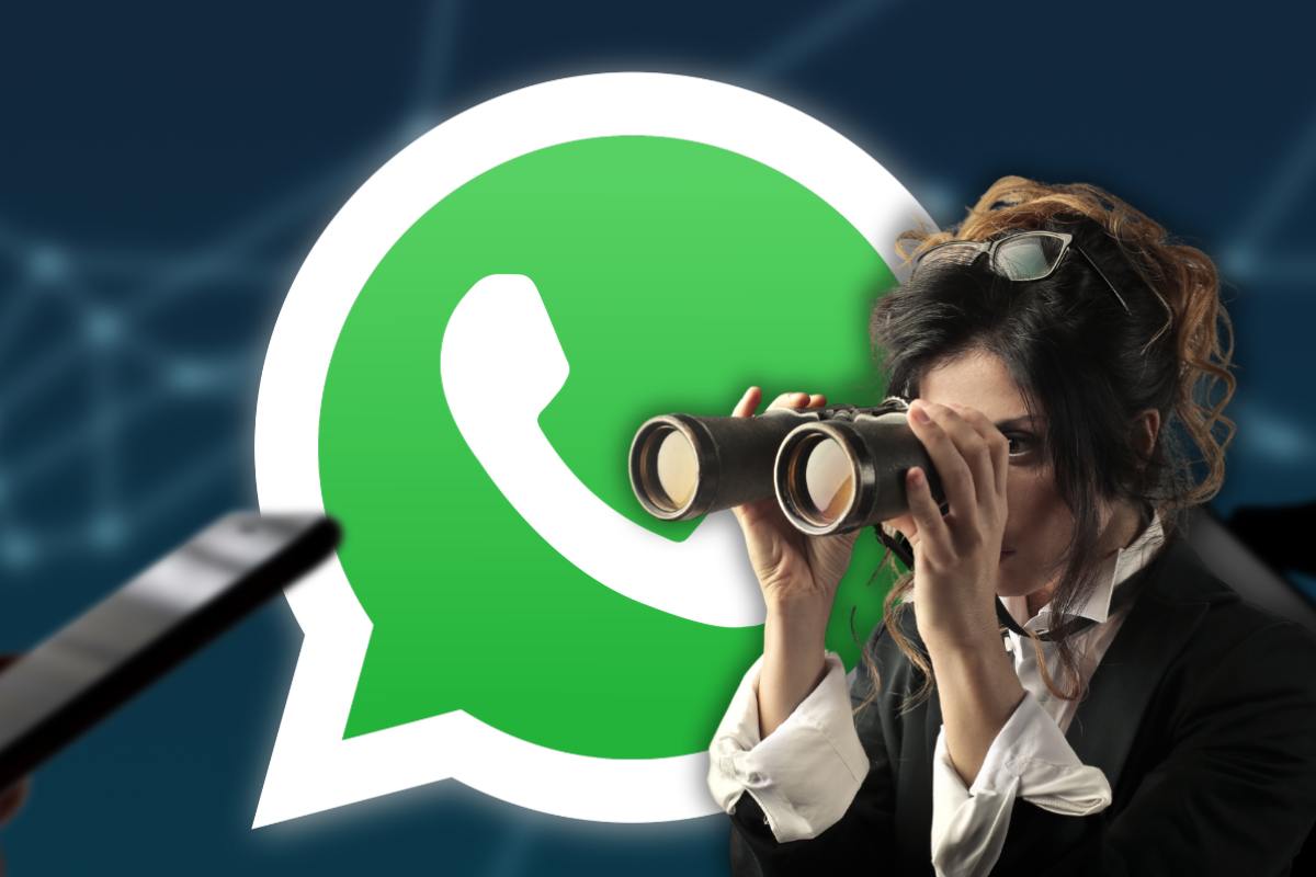 donna con binocolo e logo whatsapp 